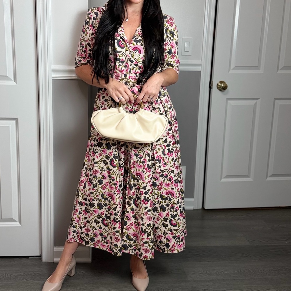 Elegant Floral Midi Dress in Pink and Cream